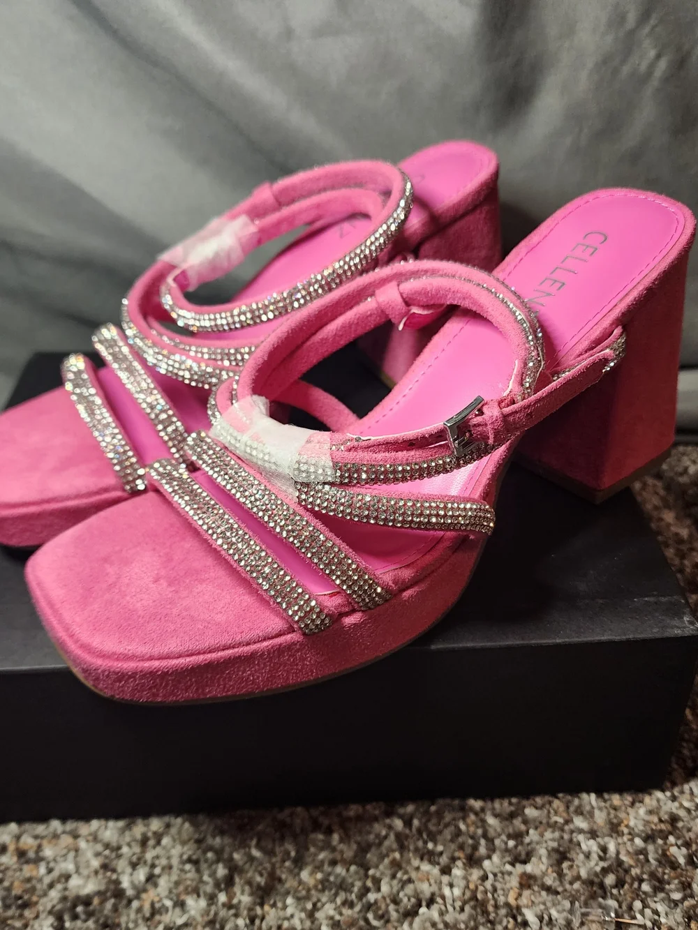 Pink Crystal Strap Block Heel Sandals